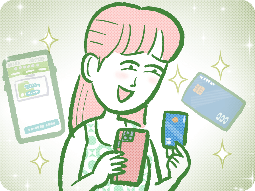 スマホやカードを使い分けて便利に支払いを楽しむ女性のイラスト