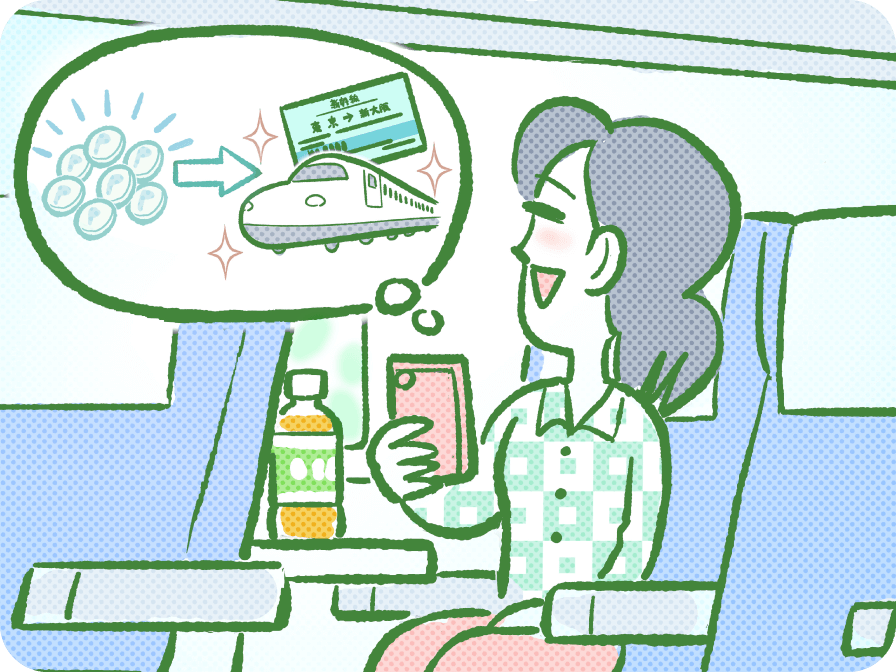 駅で並ばずスマホで新幹線チケットを購入する人のイラスト