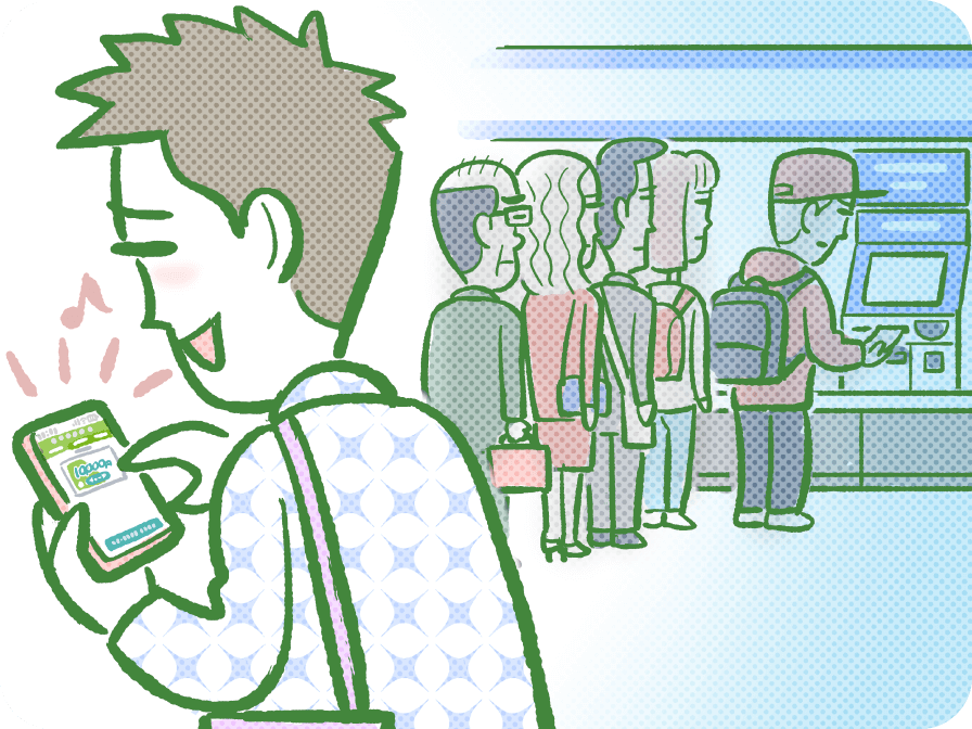 駅で並ばずスマホで新幹線チケットを購入する人のイラスト