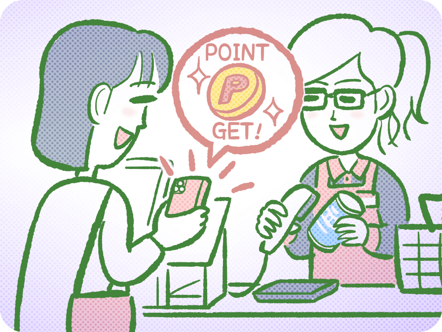 レジでスマホ決済をしてポイントを獲得する人のイラスト