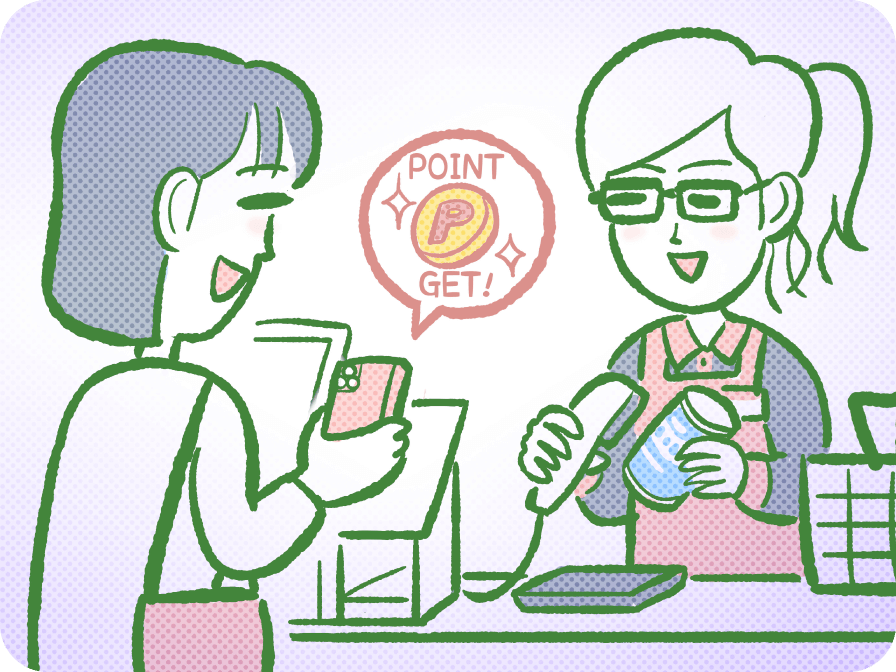 レジでスマホ決済をしてポイントを獲得する人のイラスト