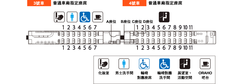 3號車 包箱座席 4號車 普通車廂指定座席