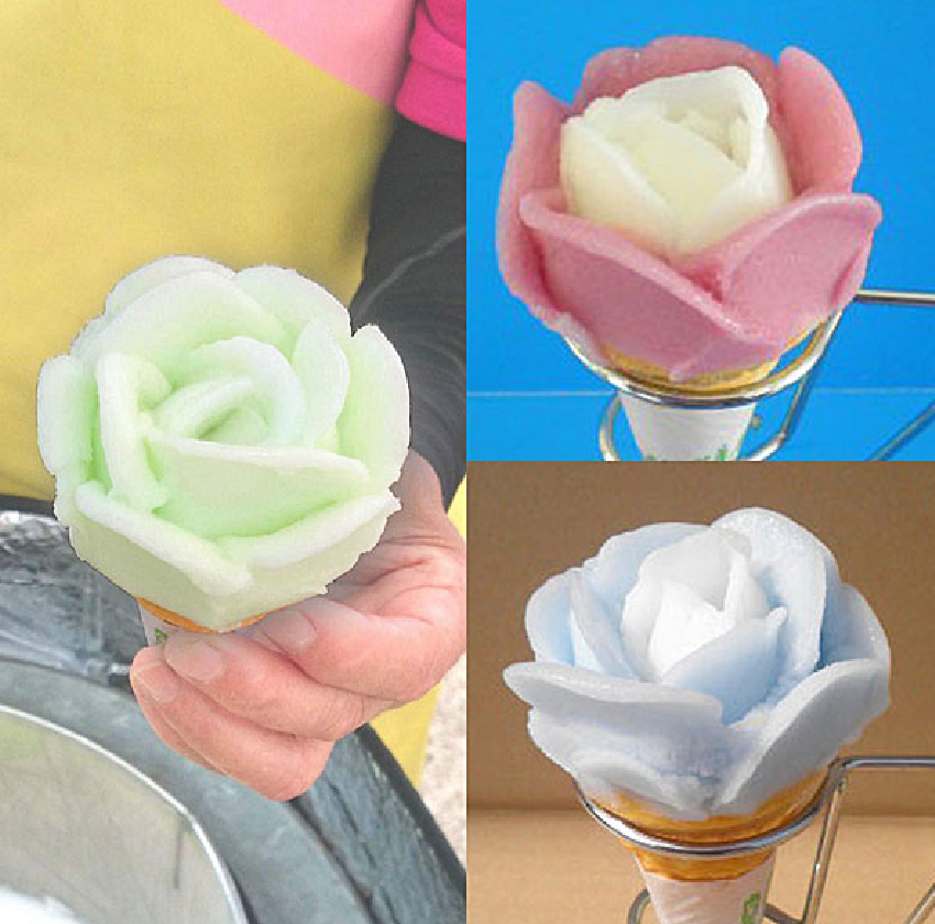 メロン味、ブドウ味、ブルーアイス味のババヘラアイス