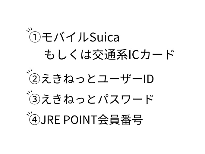 1.モバイルSuicaもしくは交通系ICカード 2.えきねっとユーザーID 3.えきねっとパスワード 4.JRE POINT会員番号