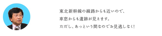 東北新幹線の線路からも近いので、車窓からも遺跡が見えます。ただし、あっという間なのでお見逃しなく!