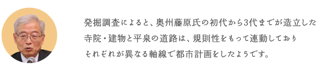 発掘調査によると、奥州藤原氏の初代から3代までが造立した寺院・建物と平泉の道路は、規則性をもって連動しておりそれぞれが異なる軸線で都市計画をしたようです。