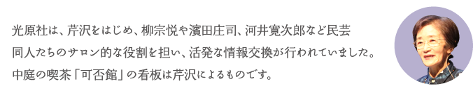 光原社は、芹沢をはじめ、柳宗悦や濱田庄司、河井寛次郎など民芸同人たちのサロン的な役割を担い、活発な情報交換が行われていました。中庭の喫茶「可否館」の看板は芹沢によるものです。