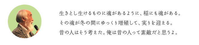 生きとし生けるものに魂があるように、稲にも魂がある。その魂が冬の間にゆっくり増殖して、実りを迎える。昔の人はそう考えた。俺は昔の人って素敵だと思うよ。