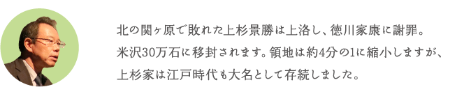 北の関ヶ原で敗れた上杉景勝は上洛し、徳川家康に謝罪。米沢30万石に移封されます。領地は約4分の1に縮小しますが、上杉家は江戸時代も大名として存続しました。