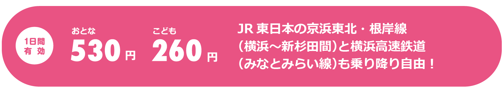 1日間有効 大人530円、子供260円　JR東日本の京浜東北・根岸線（横浜〜新杉田間）と横浜高速鉄道（みなとみらい線）も乗り降り自由！