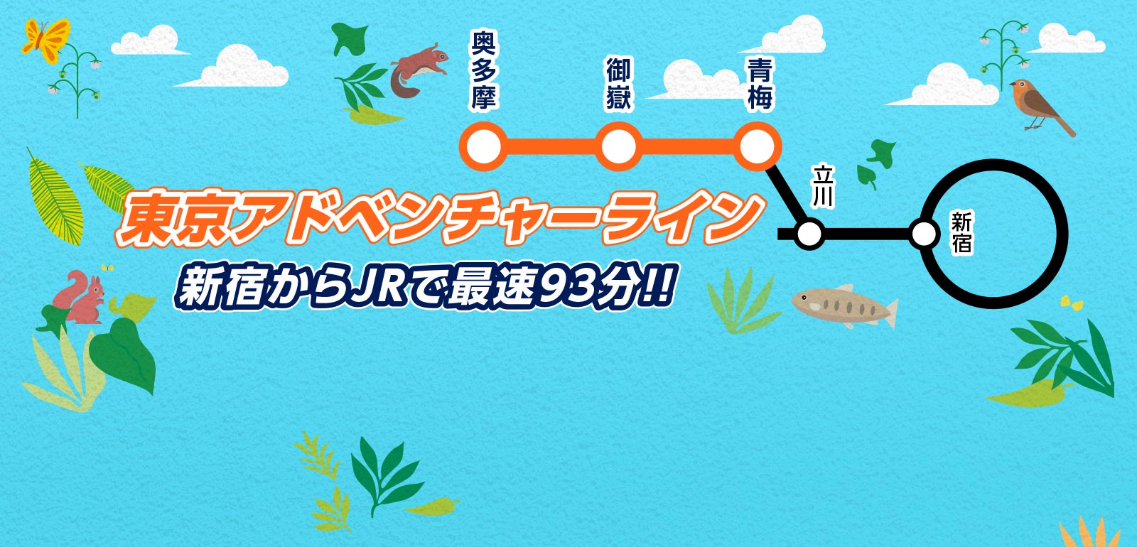 東京アドベンチャーライン 新宿からJRで最速93分!! 「新宿」→「立川」→「青梅」→「御嶽」→「奥多摩」