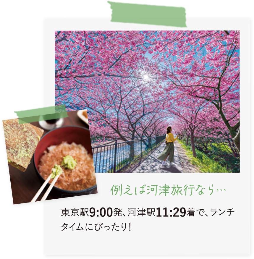 例えば河津旅行なら…東京駅9:00発、河津駅11:29着で、ランチタイムにぴったり！