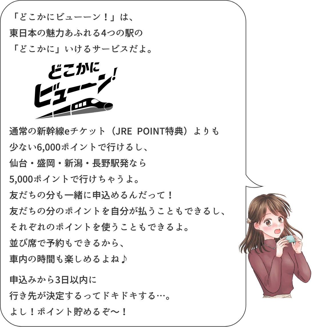 「どこかにビューーン!」は、東日本の魅力あふれる4つの駅の「どこかに」いけるサービスだよ。通常の新幹線eチケット（JRE POINT特典）よりも少ない6,000ポイントで行けるし、仙台・盛岡・新潟・長野駅発なら5,000ポイントで行けちゃうよ。友だちの分も一緒に申込めるんだって！友だちの分のポイントを自分が払うこともできるし、それぞれのポイントを使うこともできるよ。並び席で予約もできるから、社内の時間も楽しめるよね♪ 申込みから3日以内に行き先が決定するってドキドキする…。よし！ポイント貯めるぞ～！