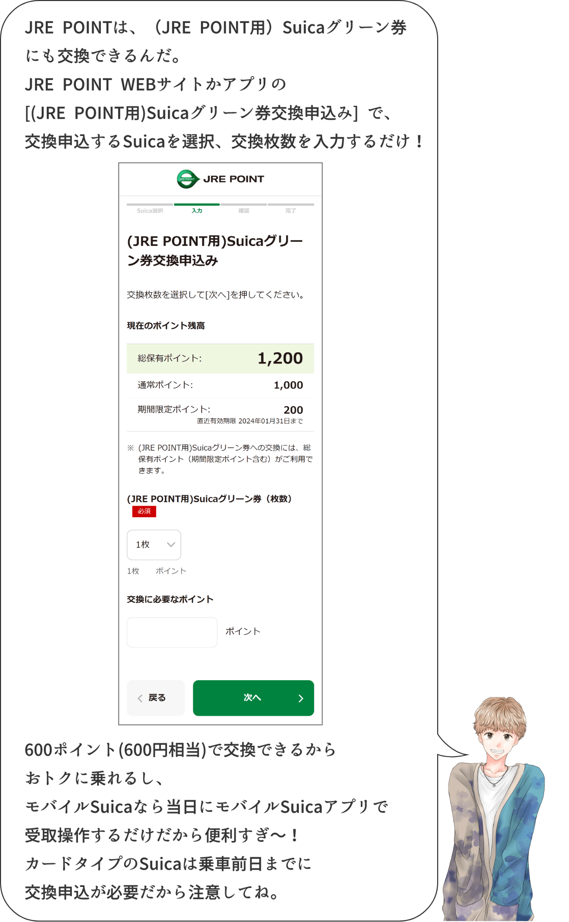 JRE POINTは、(JRE POINT用)Suicaグリーン券にも交換できるんだ。JRE POINT WEBサイトかアプリの「（JRE POINT用）Suicaグリーン券交換申込み」で、交換申込するSuicaを選択、交換枚数を入力するだけ！ 600ポイント(600円相当)で交換できるからおトクに乗れるし、モバイルSuicaなら、当日にモバイルSuicaアプリで受取操作するだけだから便利すぎ～！カードタイプのSuicaは乗車前日までに交換申込が必要だから注意してね。