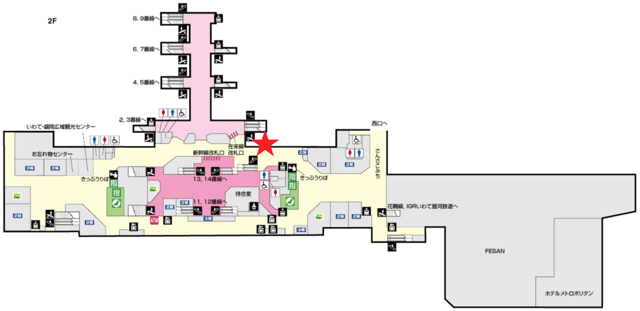 装飾場所を指す地図です。盛岡駅2階、新幹線改札口を背に右に進むと左手の壁に特別装飾があります。