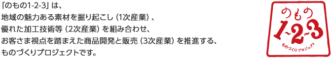 「のもの1-2-3」は、地域の魅力ある素材を掘り起こし（1次産業）、優れた加工技術等（2次産業）を組み合わせ、お客さま視点を踏まえた商品開発と販売（3次産業）を推進する、ものづくりプロジェクトです。